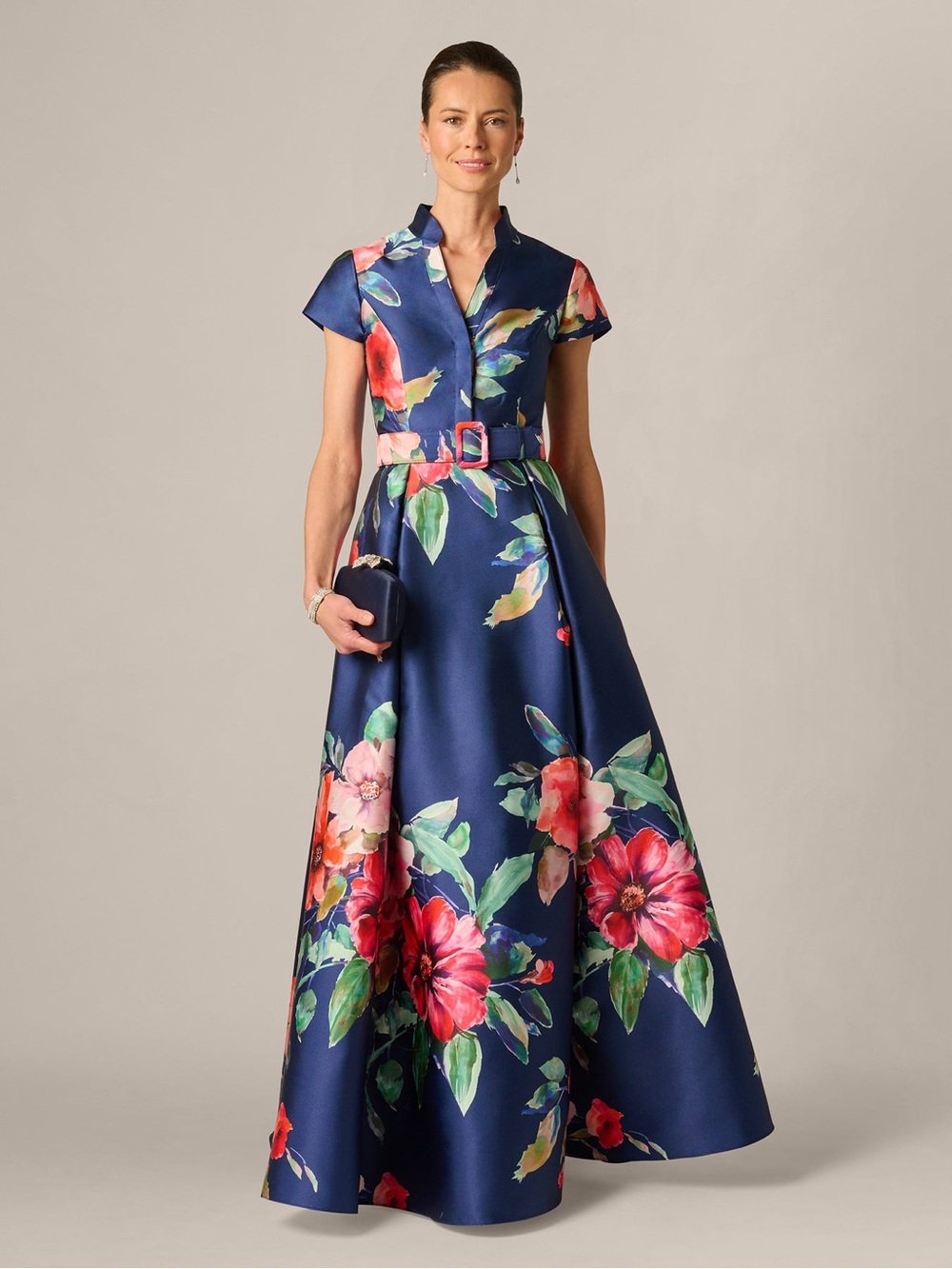 Adrianna Papell Short Sleeve Magnolia Floral Ballgown In Navy Multi